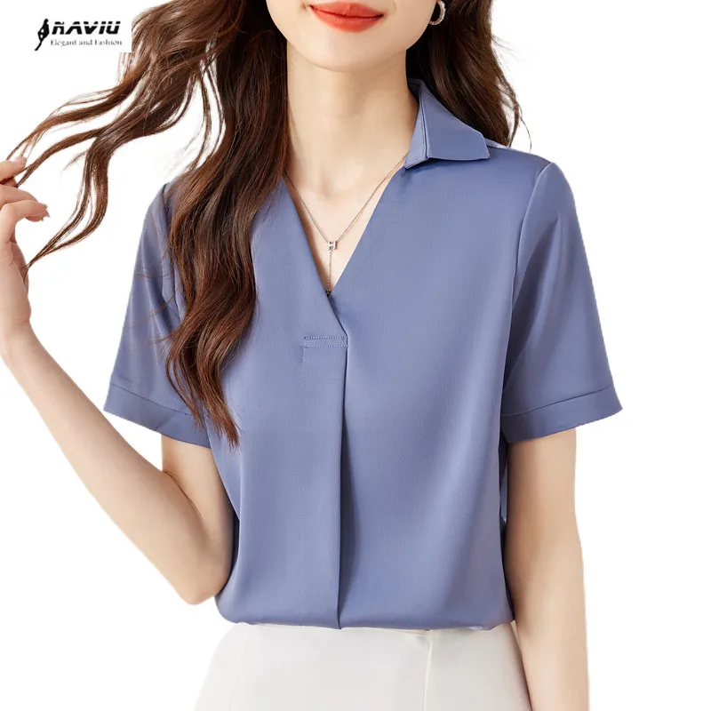 

Элегантная женская рубашка NAVIU, новые темпераментные деловые блузки с V-образным вырезом и коротким рукавом, офисные женские топы белого цвета для работы