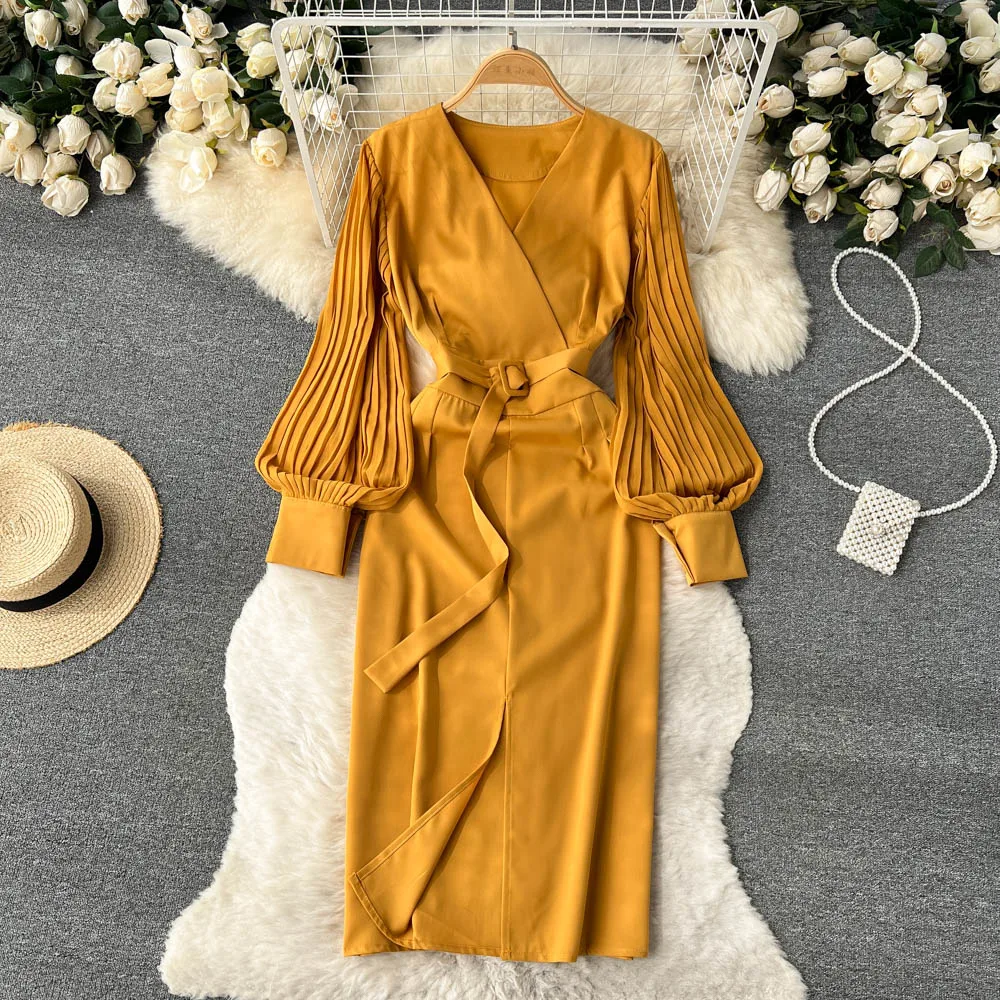

2023 New Spring Autumn Women V-Neck Pleated Long Sleeve Belt Slim Long Dress Fashion Patchwork Split Hem Elegant Dress