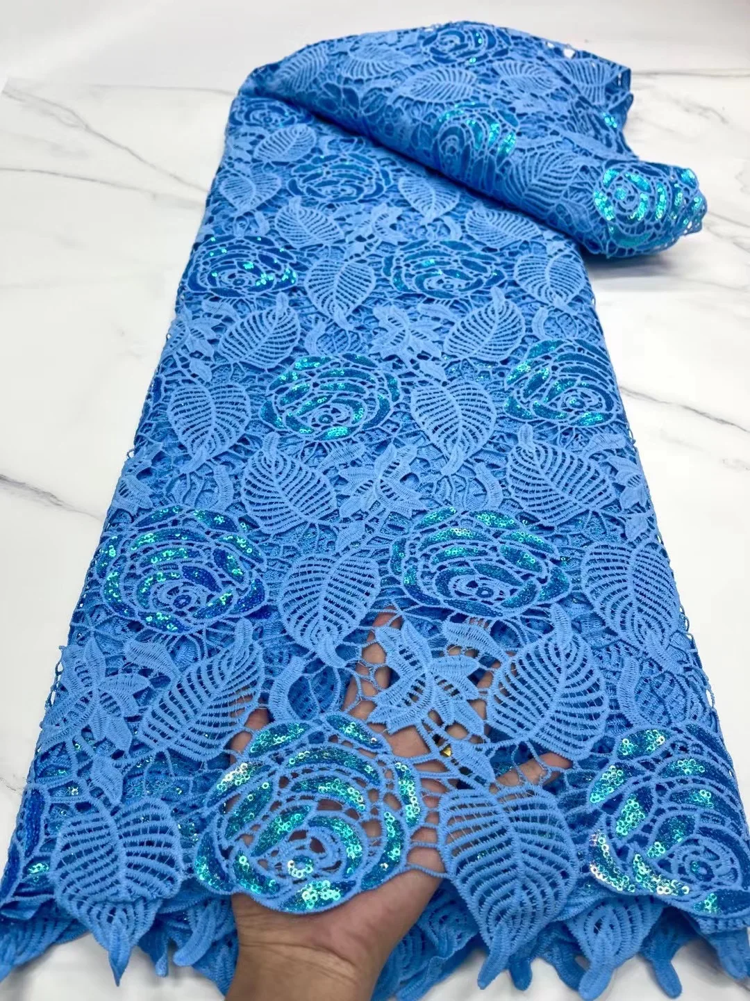 

African Sky Blue Sequin Guipure Cord Cozy Fabric High Quality Mesh 5 Yard Milk Silk Lace Nigerian For Wedding Party Dress Sew