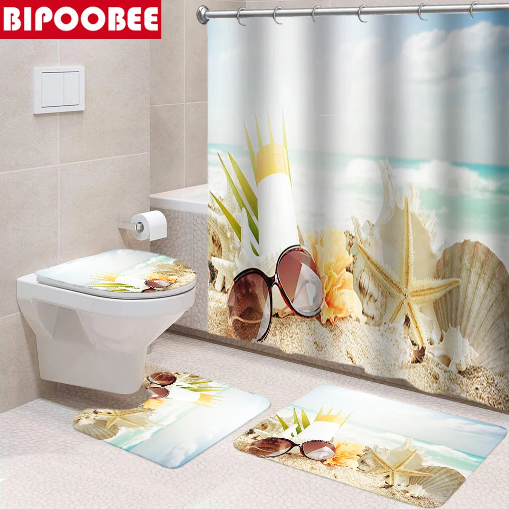 

3D Beach Shower Curtains Bathroom Decor Starfish Shell Ocean Scenery Bath Mat Toilet Cover Non-slip Carpet Bathtub Curtain