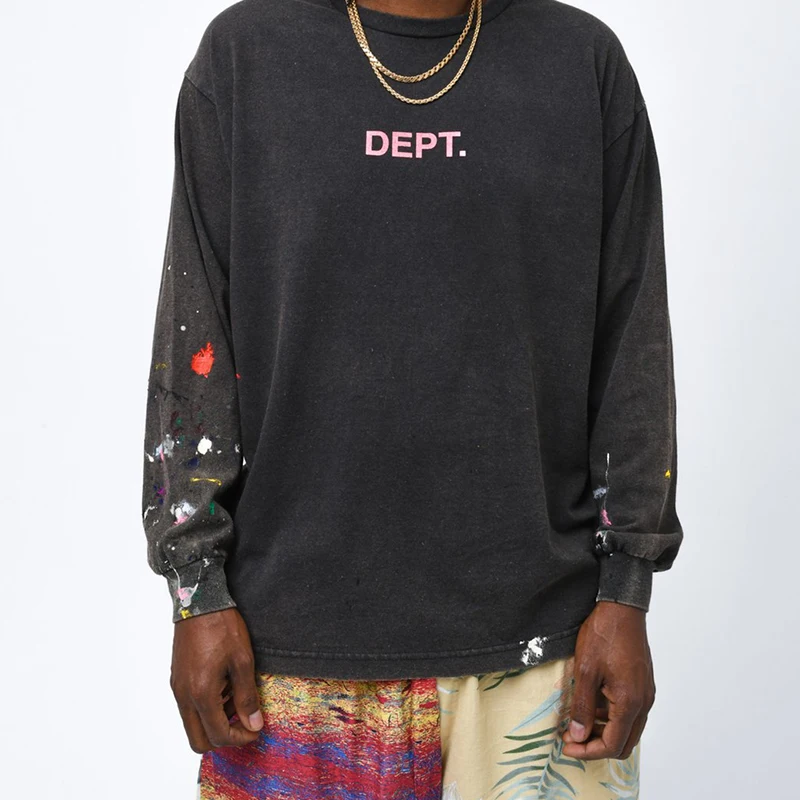

2022 T-Shirt High Street Retro Washing Do Old Splashing Ink Paint Hand-painted Pure Cotton Loose Long Sleeve T Shirt