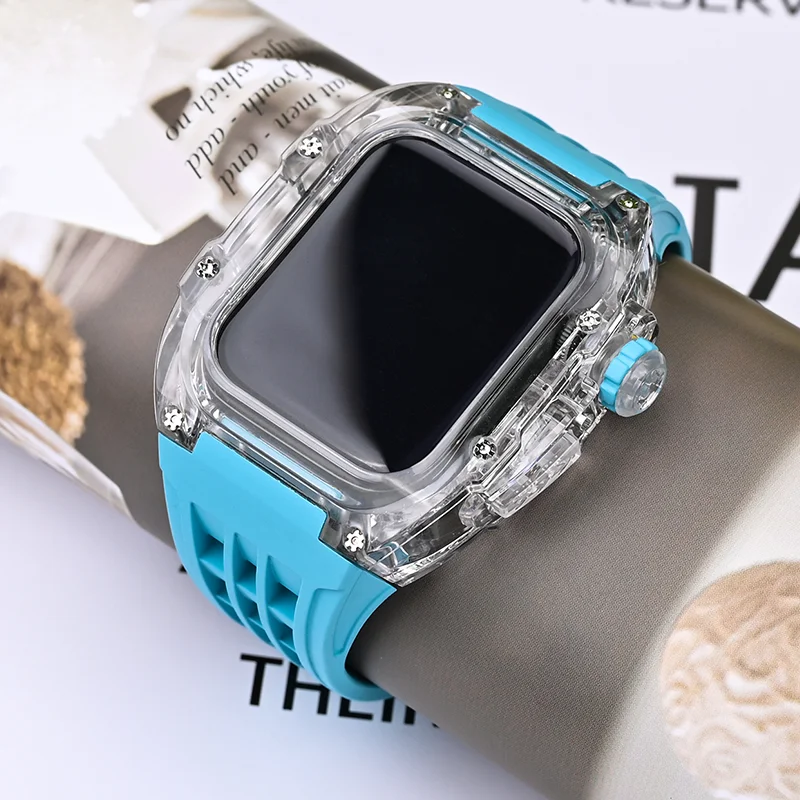 Luxury Transparent Modification Kit For Apple Watch Ultra 49mm Fluororubber Case&Band For iWatch Series 8 7 6 5 4 SE 45MM 44MM