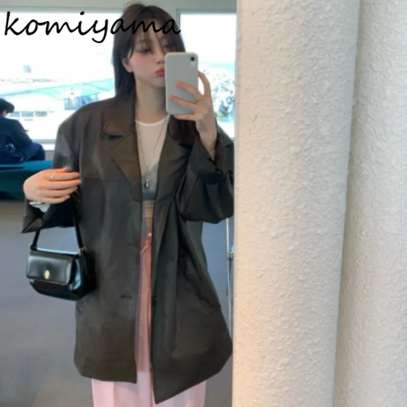 Женская винтажная куртка с длинным рукавом из ПУ кожи