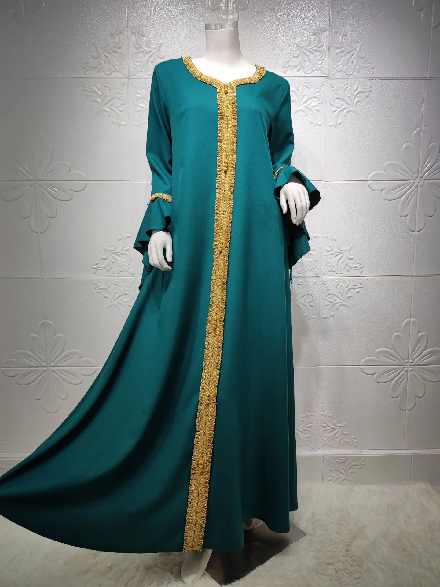Elegant style style long dress 2023 new ruffle sleeve embroidered gold lace dress jalabiya Muslim woman