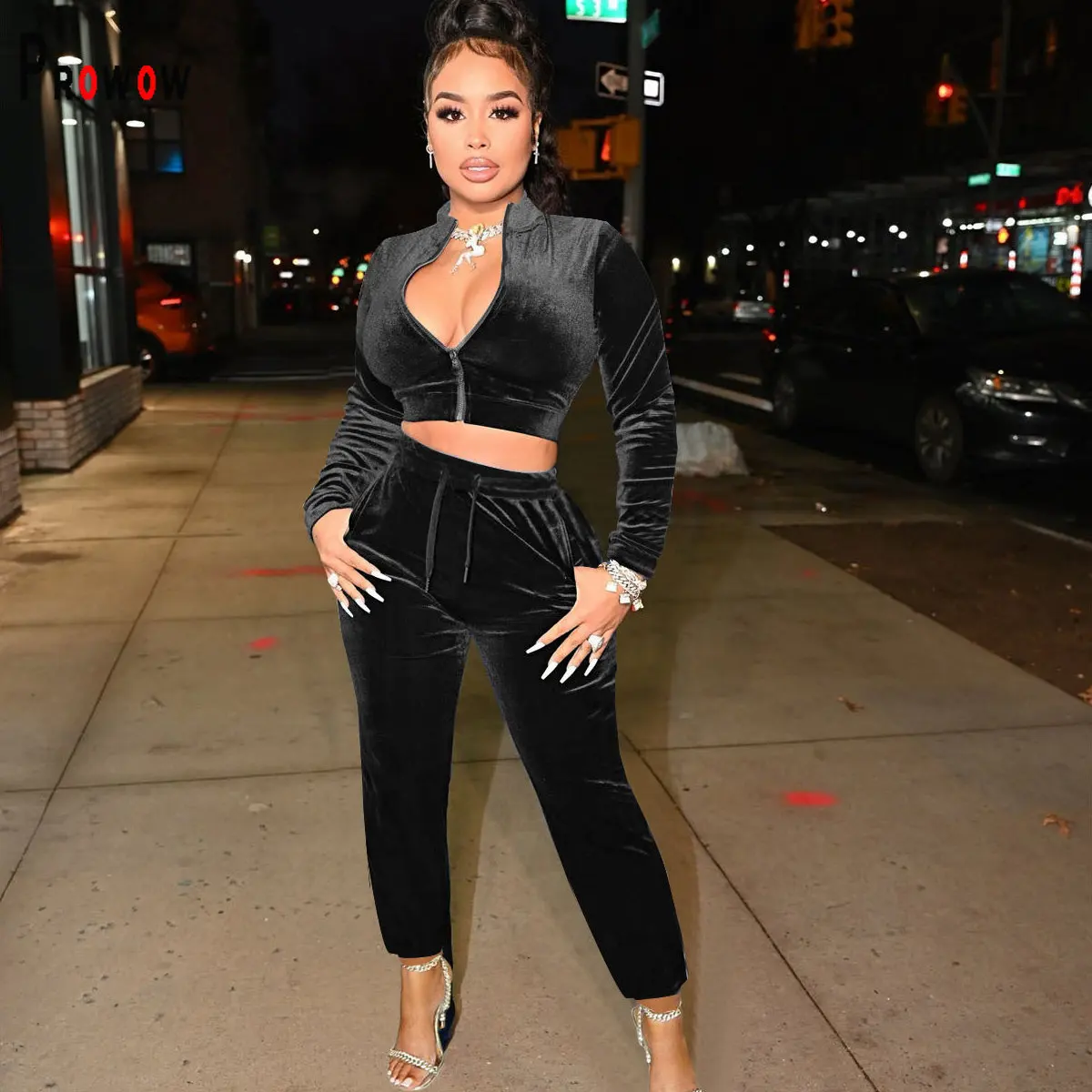 

Prowow Sporty Set Zipper Cropped Tops Pant Women Tracksuits 2022 Newest Design Pleuche Autumn Winter Female Workout Sweat Suits