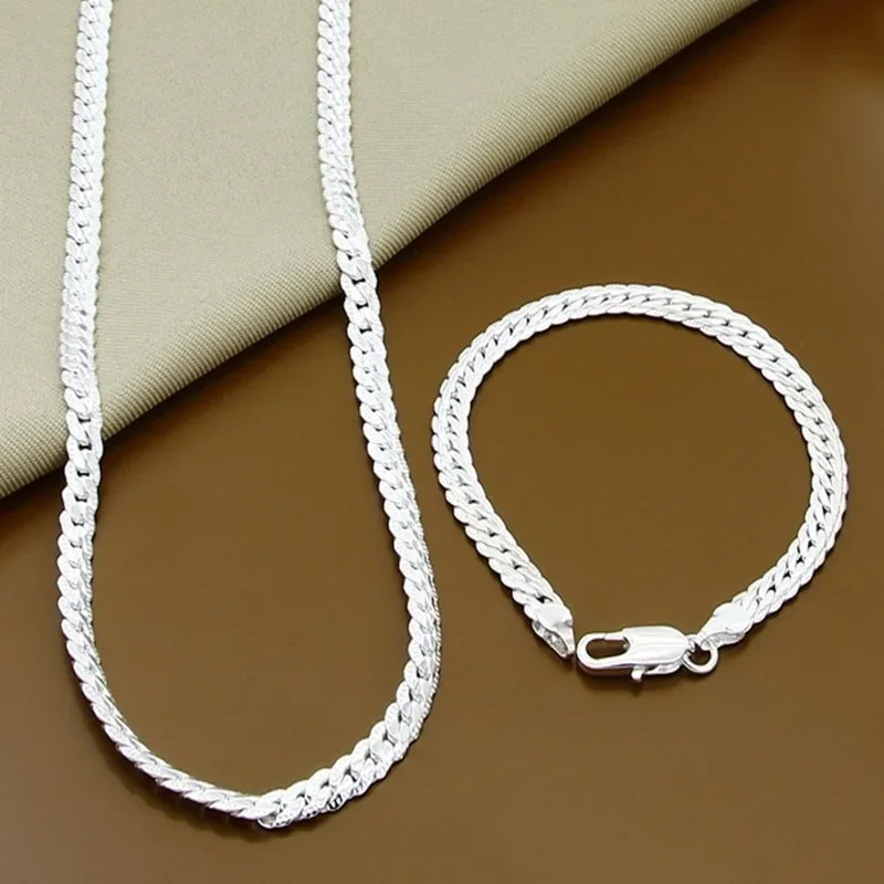 

Fine 45-60cm 925 Sterling Silver 6MM Full Sideways Necklace Bracelet Jewelry for Women Men Chain Sets Wedding Gift Engagement