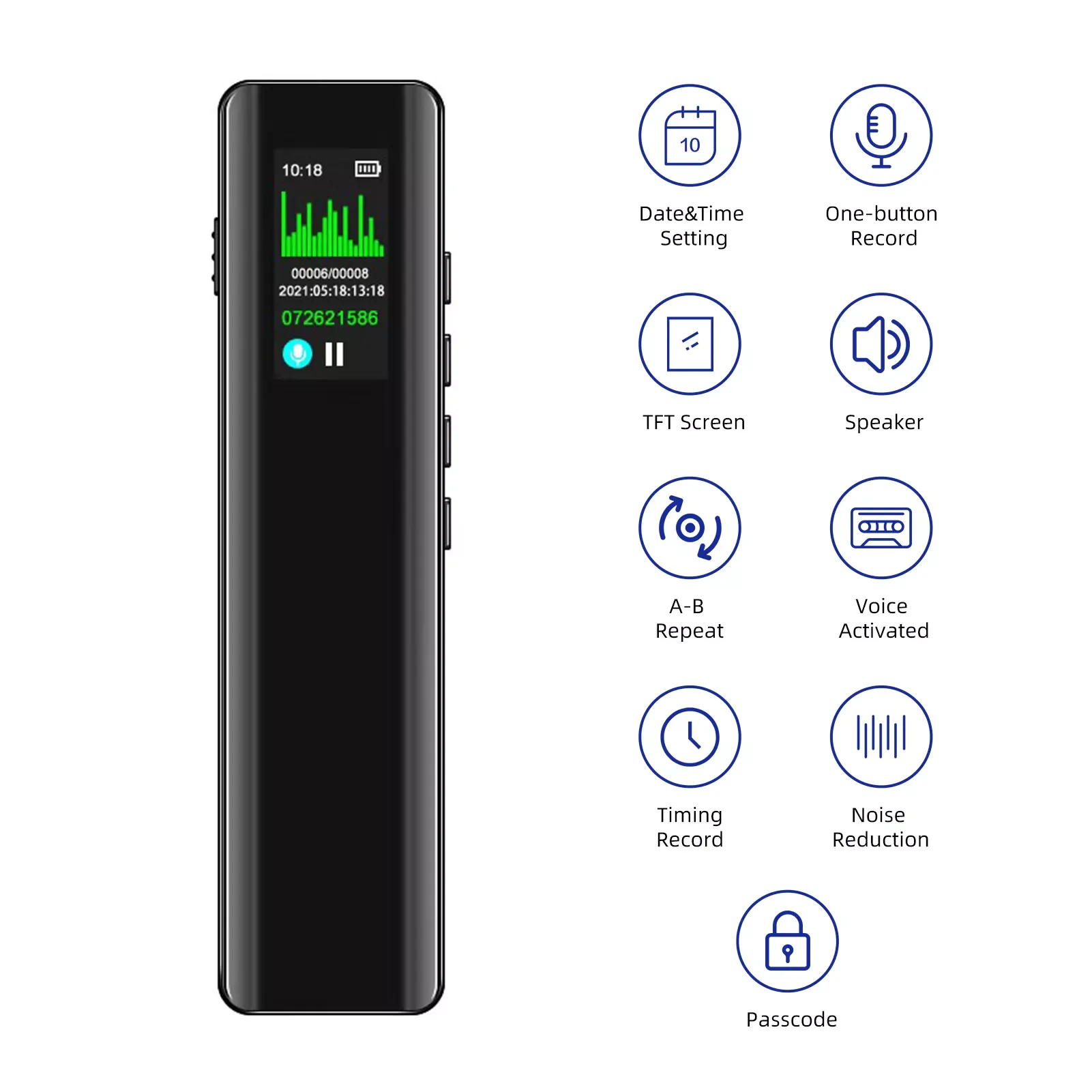 

Цифровой диктофон 8 ГБ, диктофон с голосовой активацией, диктофон, mp3-плеер 3072 кбит/с, HD запись, шумоподавление, время записи