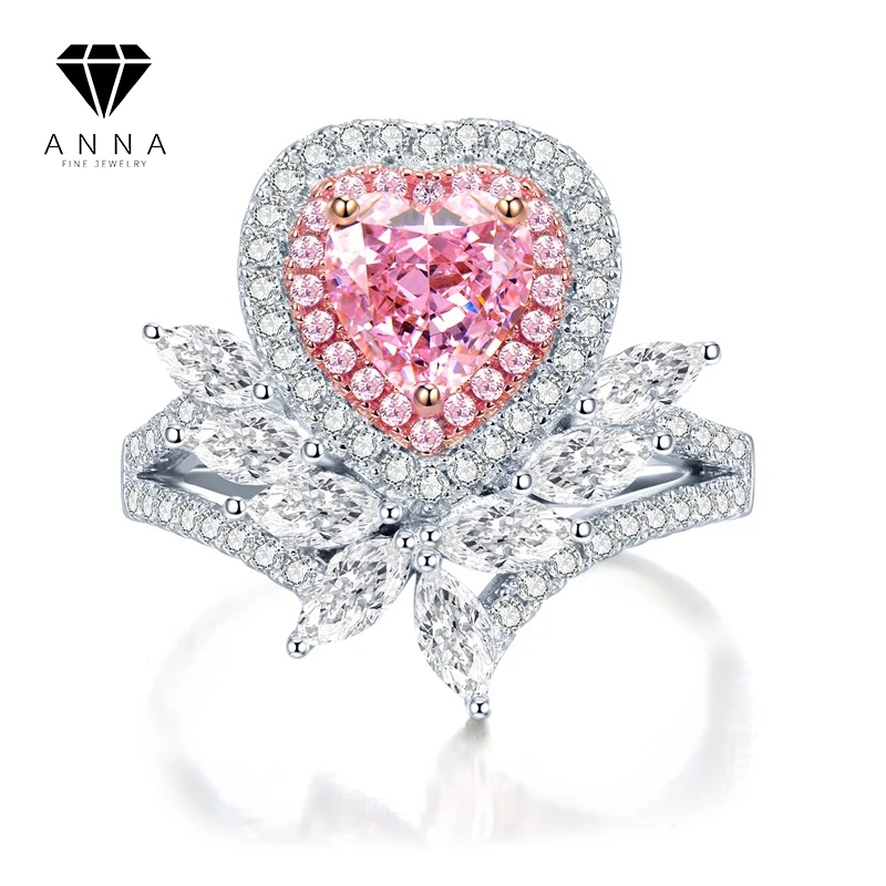 

925 Sterling Silver New Heart-Shaped Cubic Zirconia Diamond 1 Carat Pink Flower Ring Luxury for Women Wedding Dinner Party Gift