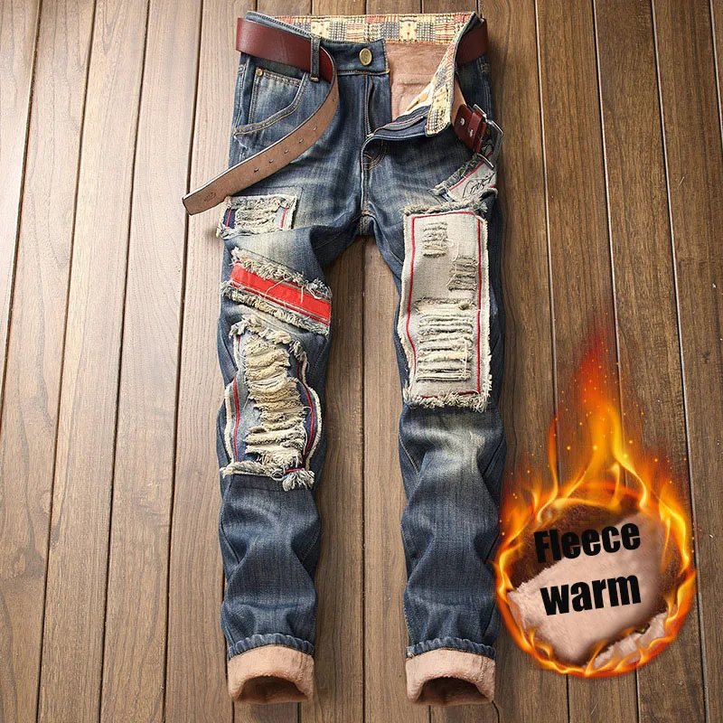 New Fashion Fleece Warm Jeans Men Autumn Winter Patchwork Ripped Straight Denim Trousers Retro Thick Hip Hop Casual Pants