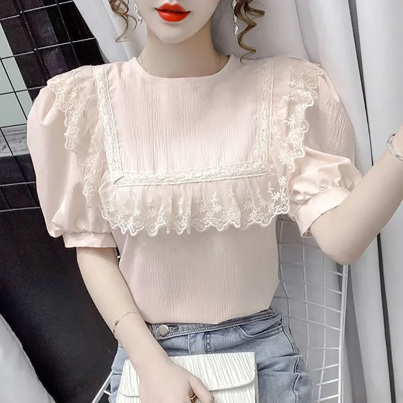 Блузка женская с круглым вырезом милая Повседневная Свободная рубашка оборками