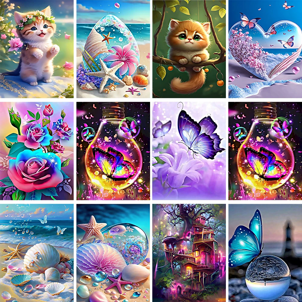 

5D Diamond Painting Landspace BeachShell Butterfly Firefly Cat Bright Home Decor For Living Room Picture Cross Stitch Embroidery