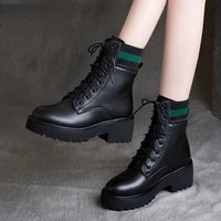 ladies new black pu leather ankle boots womens winter fashion casual boots round toe lace up motorcycle platform boots