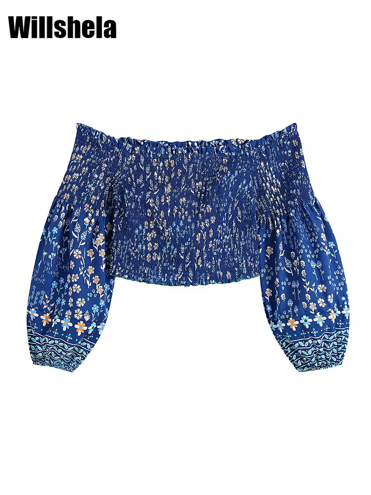 

Willshela женские модные плиссированные укороченные рубашки с принтом, винтажный короткий топ с вырезом лодочкой и длинными рукавами-фонарикам...