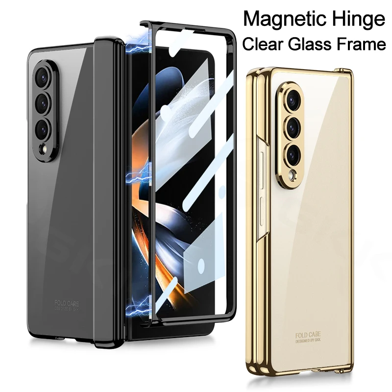 

GKK Magnetic Hinge Transparent Hard Case For Samsung Galaxy Z Fold 4 Cover Plating With Glass Film Frame For Galaxy Z Fold4 Case