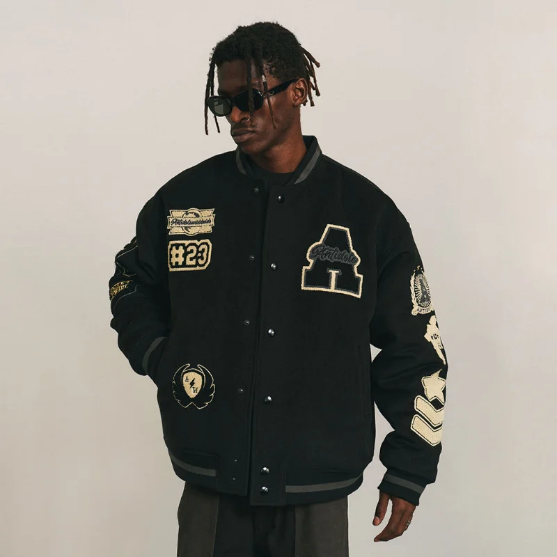 

High street heavy embroidered baseball uniform men's clothing 2023 spring and autumn V-neck couple loose fashion hip-hop jacket