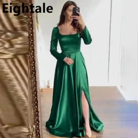 simple satin long sleeve arabic evening dress 2022 emerald green side slit elegant a line dubai women formal party evening gown