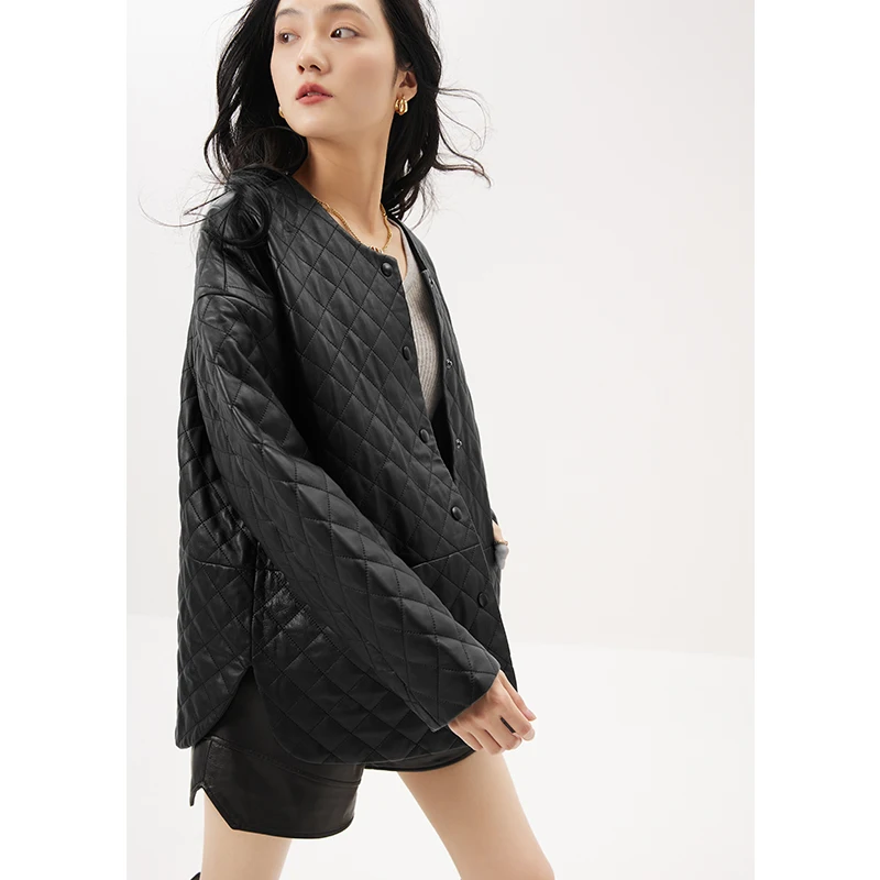 Design Fashion High Quality Luxury  Covered Button  Pockets  Autumn/Winter  Real Leather Jacket Women Sheepskin O-Neck Coats