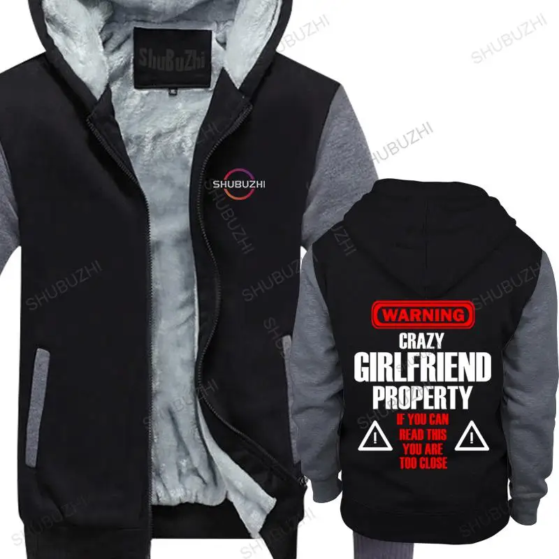 

Man black jacket thick hoodies brand Warning crazy girlfriend proberty gift men's winter print sweatshirt fleece hoody foy boys