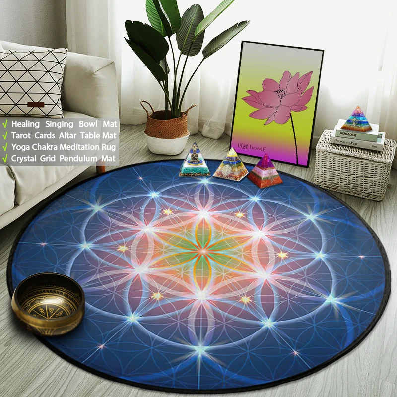 Blue Flower Of Life Energy Rug Sun Moon Star Carpet Metatron