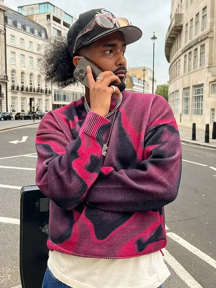 Модный уличный свитер с круглым вырезом для мужчин вязаный пуловер большого