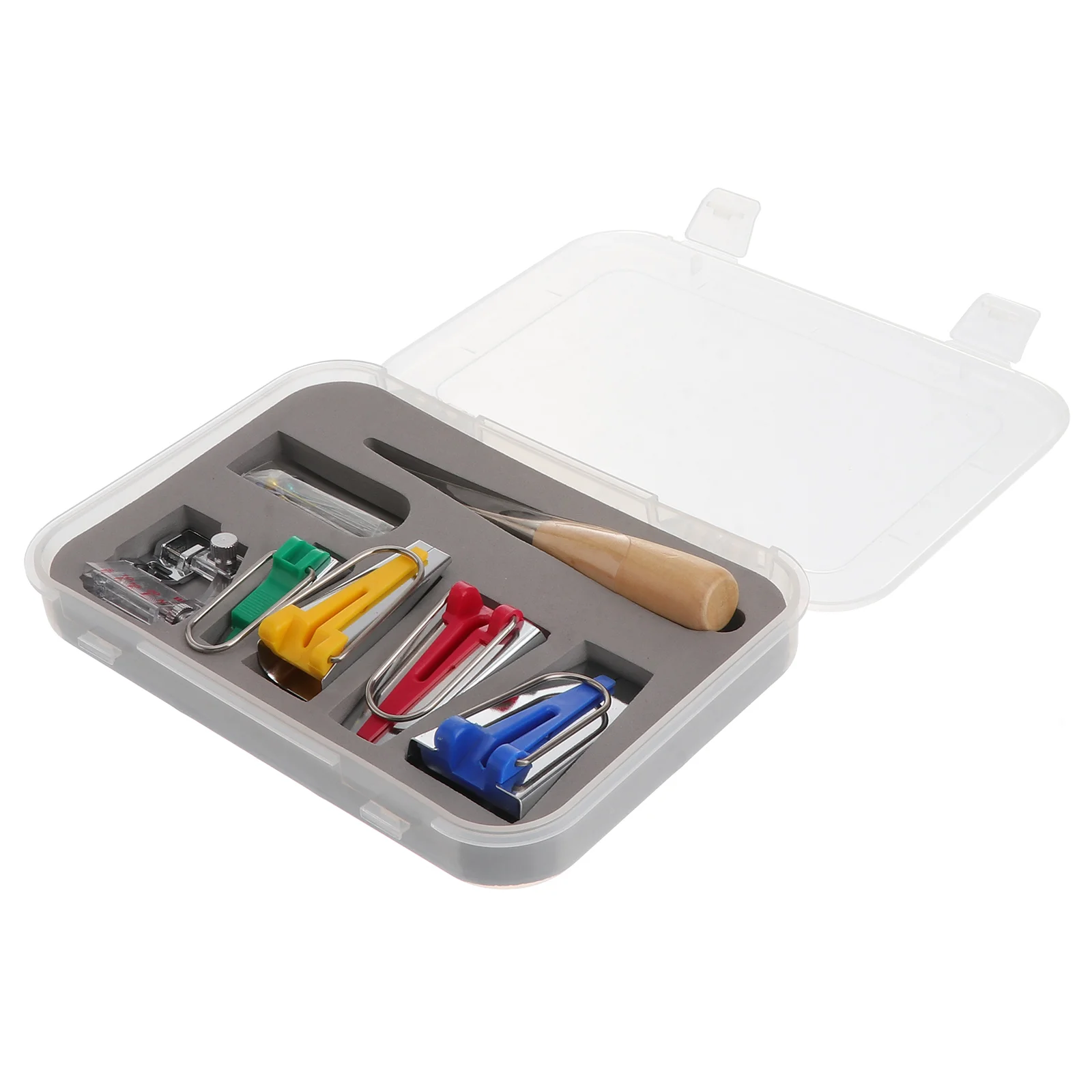 

Box of Binding Snap on Foot Bias Tape Maker Awl Pin Set Quilting Sewing