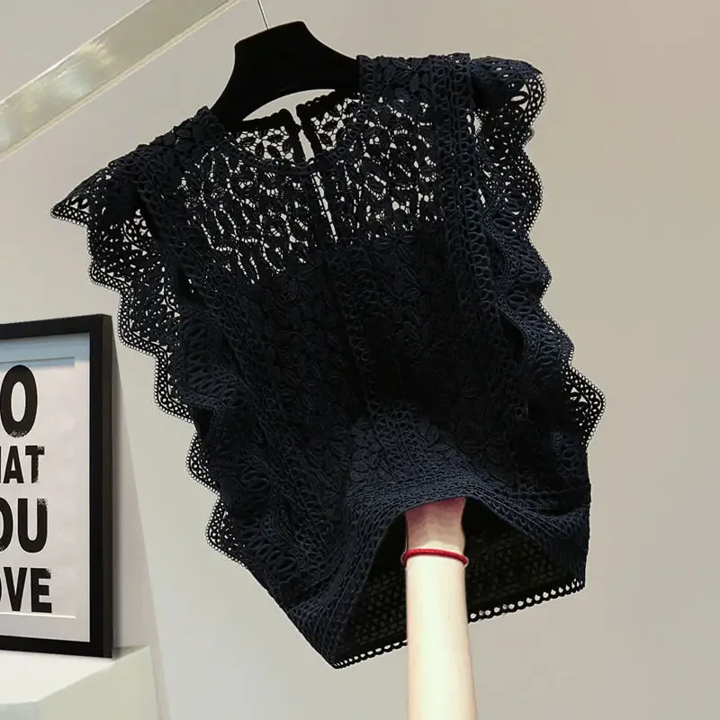 Сплошная цветная ажурная кружевная блузка без рукавов женская винтажная