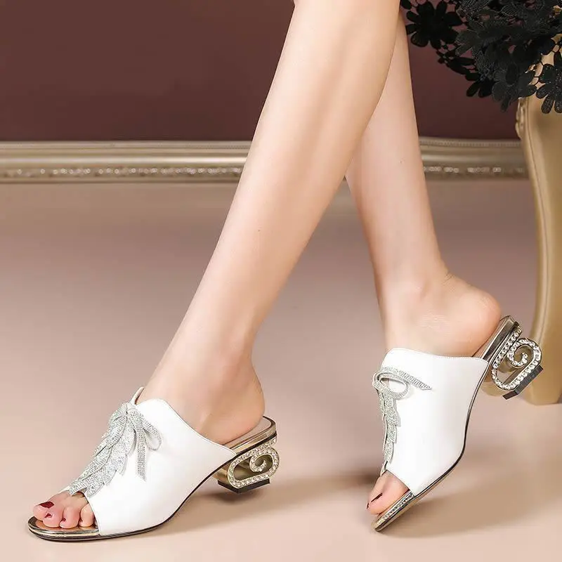 

FHANCHU 2023 New Design Women Rhinestone Leaf Slippers,Strange Heel Summer Shoes Slides,Peep Toe,White,Black,Dropship