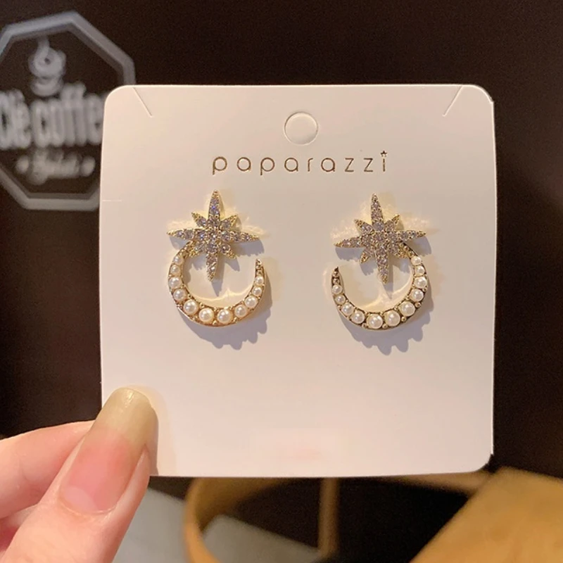 

U-Magical Exquisite Star Moon Dangle Earring for Women Simulation Pearl Shining Rhinestone Temperament Metal Earring Jewelry