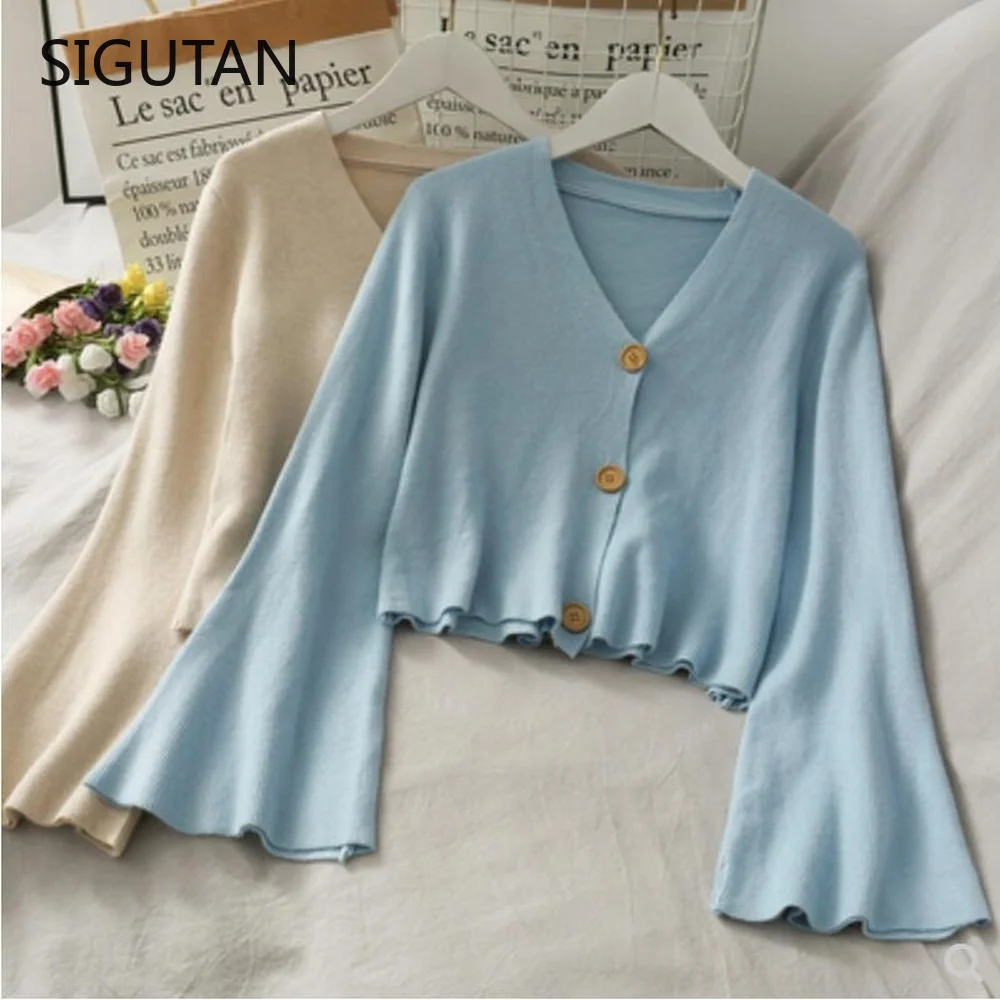 

Autumn Knitted Cardigan Women Button Up Sweater Tops Female Cardigans Long Flare Sleeve Women Coats Ladies Outerwear