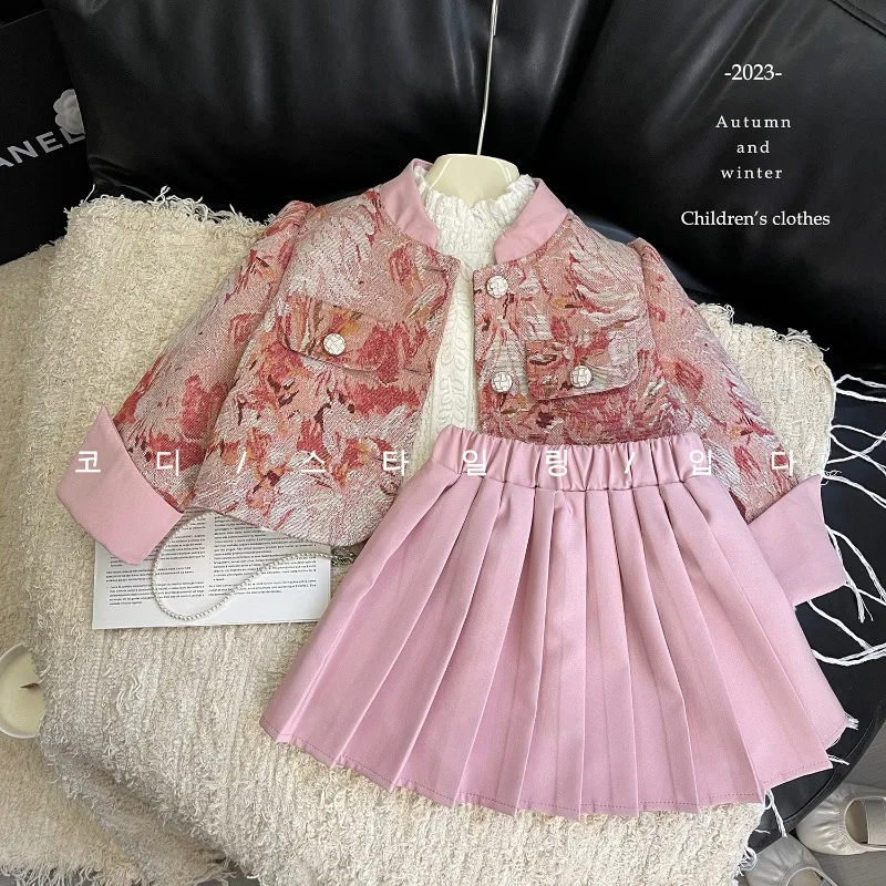 

Комплект одежды для девочек, новое осеннее корейское издание, комплект из плиссированной юбки для девочек, твидовый комплект детской одежды из 2 предметов, повседневный костюм