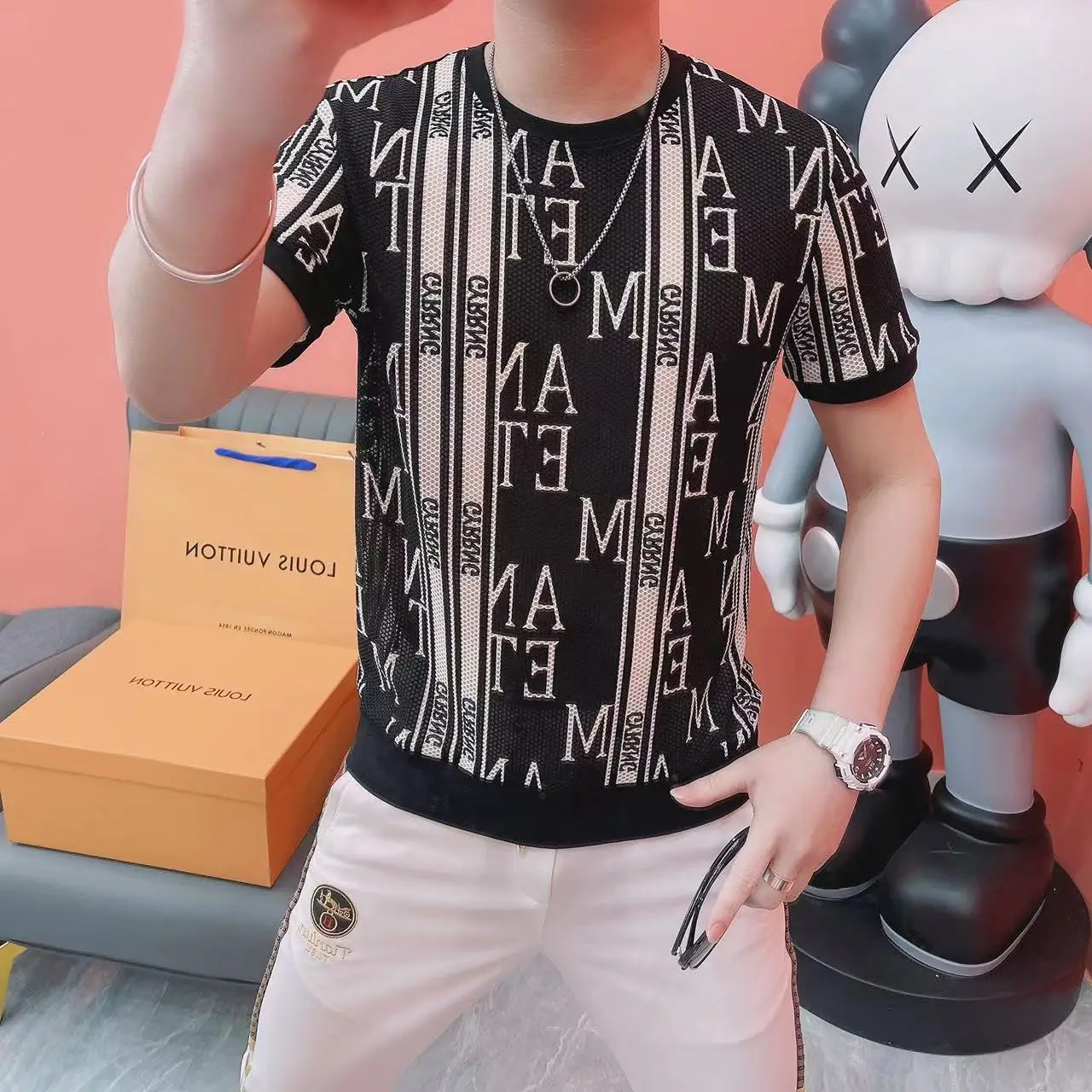 

2022 Summer Hollow Out Letter Print T Shirt Men Breathable Short Sleeve Tee Tops Men Clothing Crew Neck Casual T-shirt