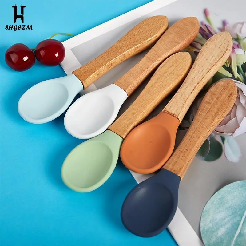 

Baby Soft Silicone Spoon Safety Learning Wood Spoon Non-Slip Spoon Feeding Tools Silicone Soft Spoon For Infant Feeding