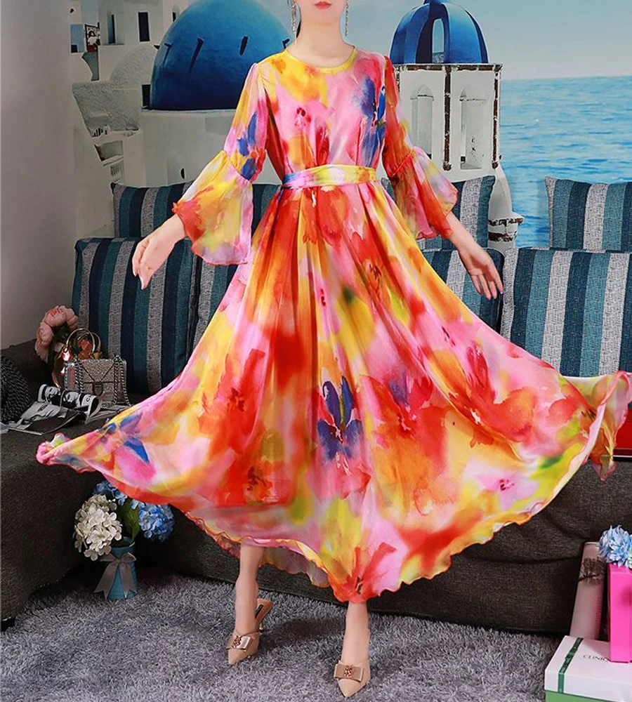 New Arrivals Summer Vacation Runway Dress Plus Size Ladies Chic Flowers Chiffon Maxi Dress Casual Woman Midi Dress Vestidos