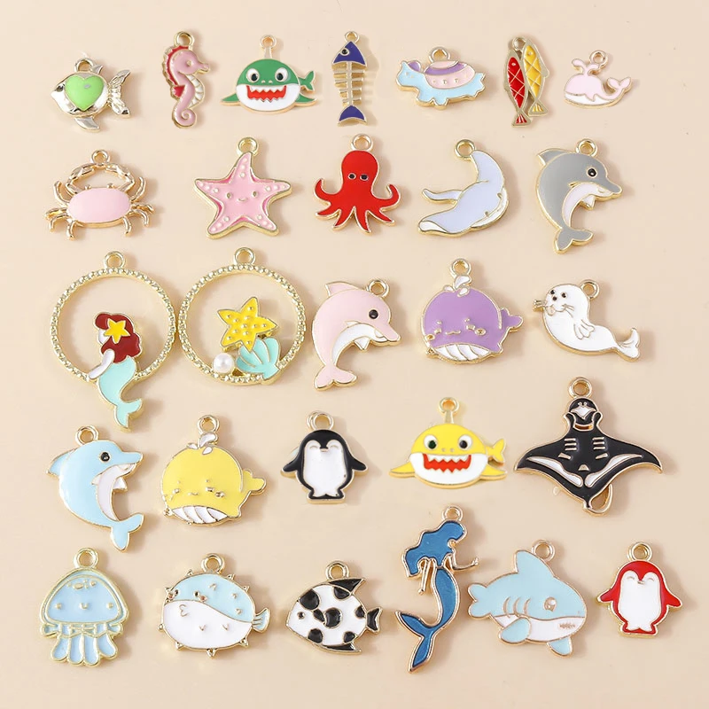 

10pcs Enamel Marine Animals Cute Fish Crab Whale Dolphin Shark Penguin Turtle Charms DIY Bracelet Necklace Jewelry Accessories