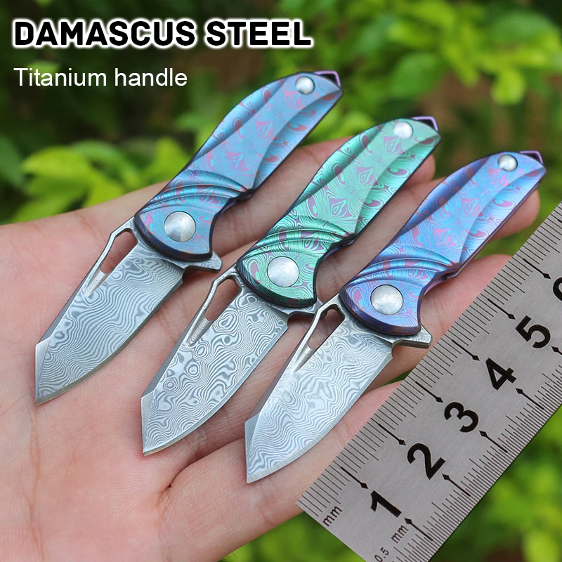

60HRC Damascus Steel Blade TC4 Titanium Handle Pocket Folding Knife Camping Outdoor Self Defense Survival EDC Rescue Tool Gift