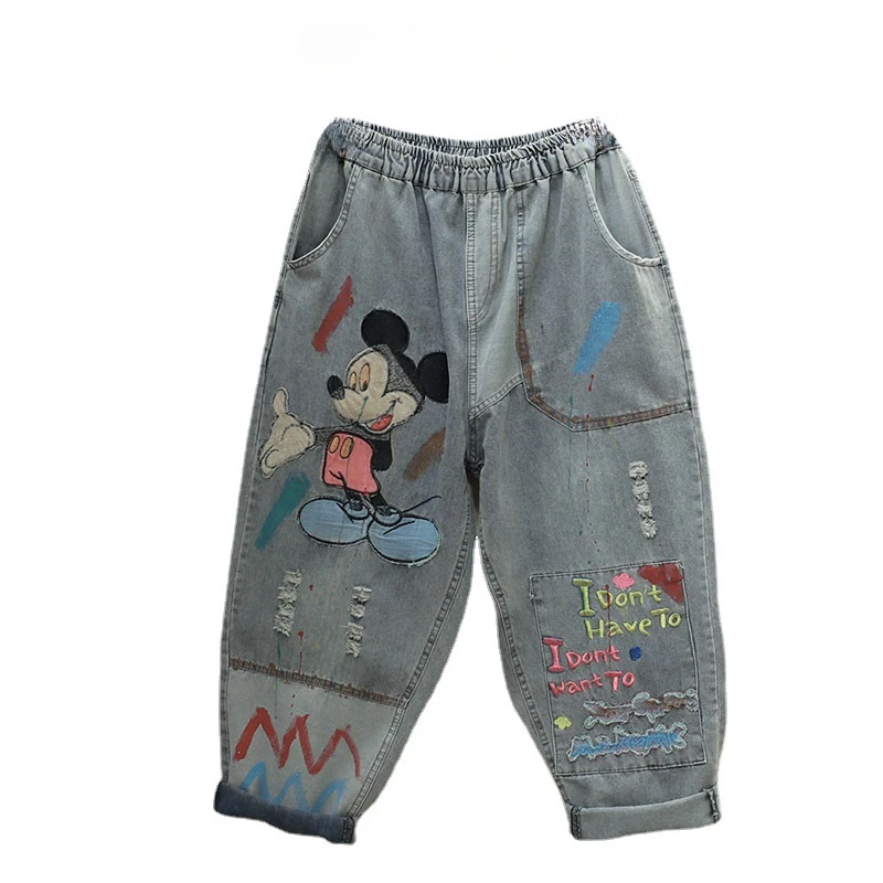 Summer New Harem Pants Cartoon Patch Jeans Women Elastic Waist Thin Light Color Internet Celebrity Loose Cropped Pants Trousers