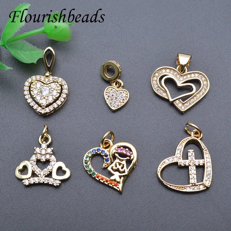 

20pcs/lot Various Shape Gold Plating CZ Beads Paved Heart Shape Pendant Charms for DIY Necklace Jewelry Findings Parts Supplier