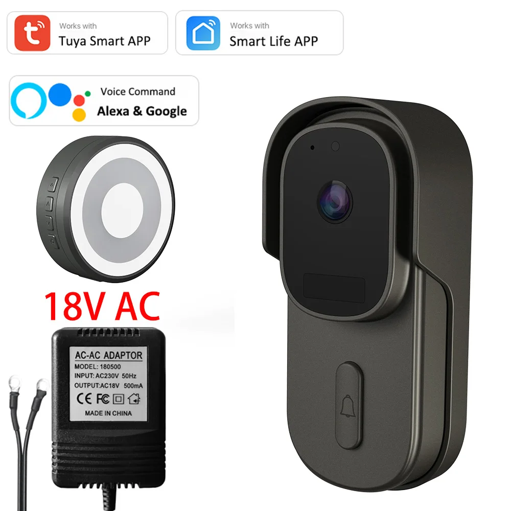 Tuya 1080P Video WiFi 18V AC Wired Doorbell Camera 170° View Motion Detect Alexa Google Video Door Bell Chime with AC Adapter