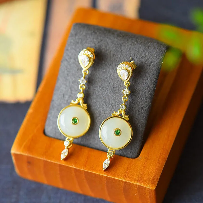 

Оригинальные новые женские роскошные ювелирные изделия из натурального белого нефрита Круглые длинные благородные серьги в китайском дво...