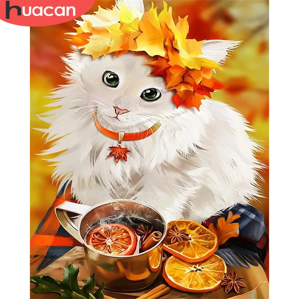 

HUACAN Picture By Number Cat Animal Kits HandPainted Oil Painting Maple Leaf Hand DIY Frame Drawing On Canvas Decoration 60x75cm