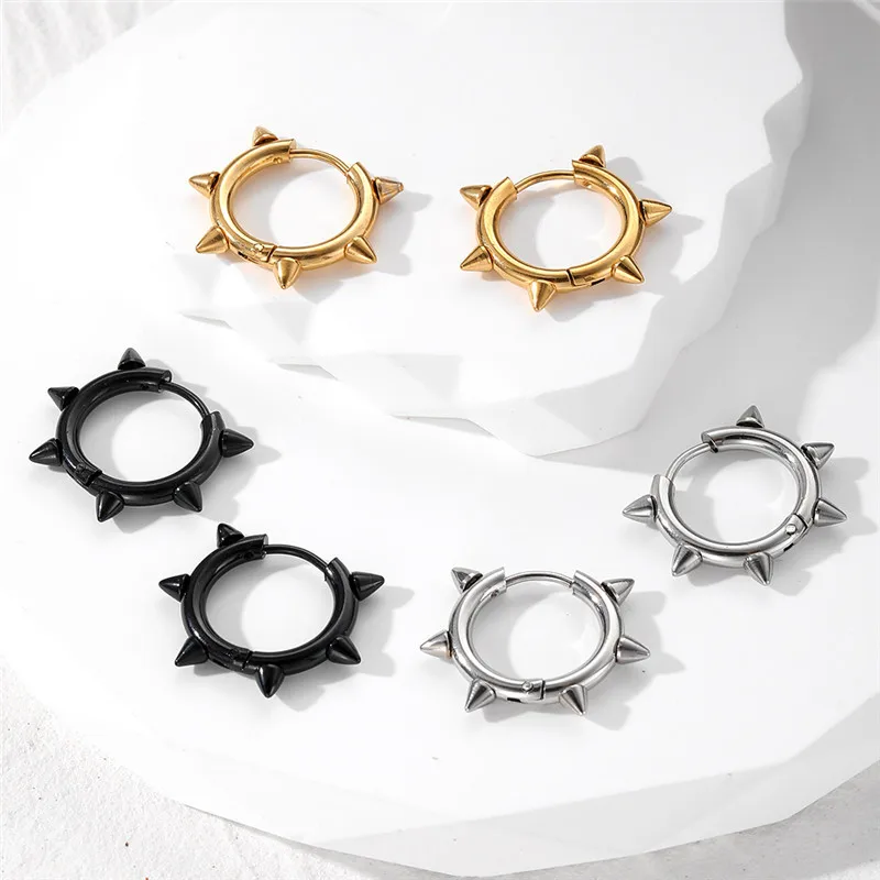 

1Pair Punk Simple Stainless Steel Rivet Hoop Earrings For Men Women Rock Cool Black Spike Huggie Earrings Jewelry D229