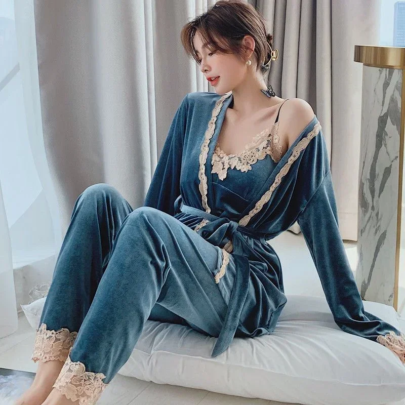 

Velvet Pajamas Set - Sexy Full Sleepwear for Women, Pyjama, Women's Autumn/Winter Fashion, Soft Lace 3PCS/Set Homewear,Plus Size