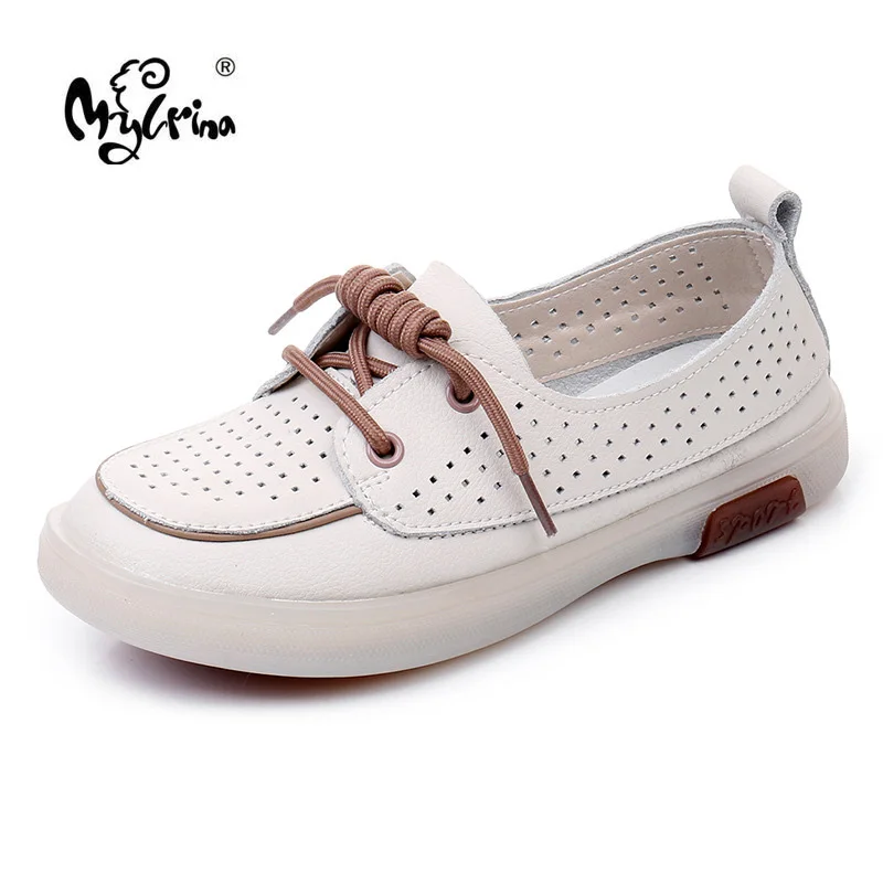 

2022 Hollow Out Sneakers Women Shoes Female Genuine Leather Walking Sneakers Summer White Flat Lace Up Vulcanize Casual Shoes