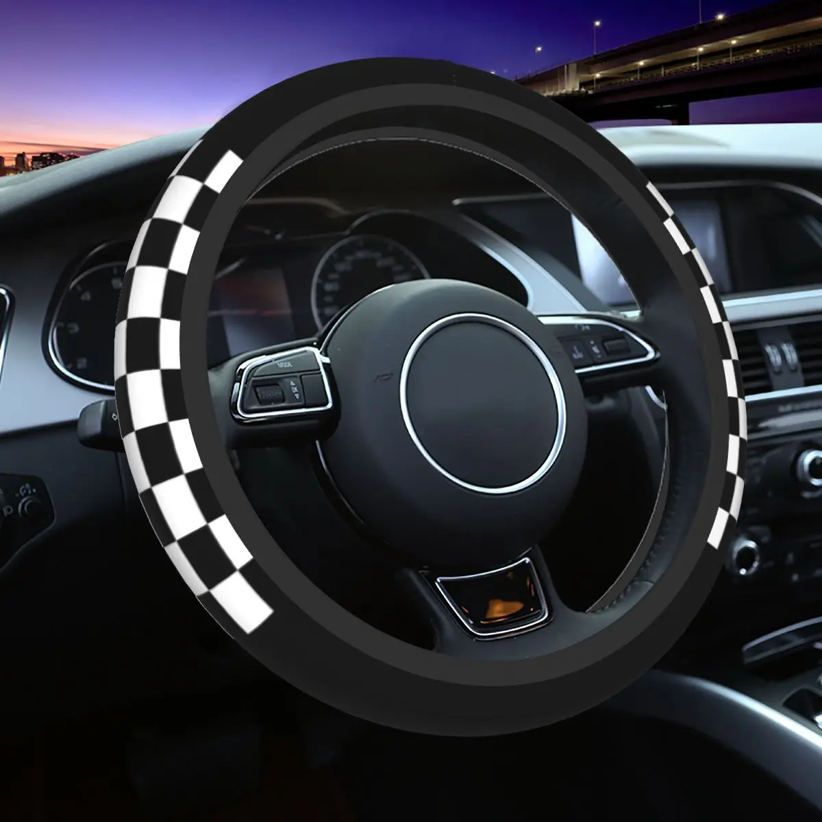 

37-38 Car Steering Wheel Cover Black And White Checkerboar Plaid Anti-slip Car-styling Fashion Automobile Accessory