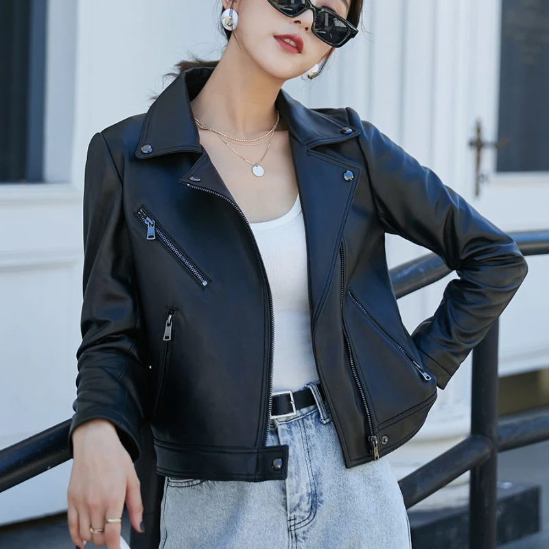 

Woman Zipper Genuine Leather Biker Jacket Female Fashion Real Coat Motorcycle Biker Jacket Ladies Leather Outwear Loose Coat G61