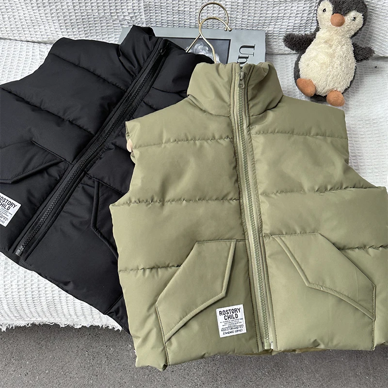 

Модный теплый детский хлопковый жилет на осень и зиму, прямой жилет с воротником-стойкой и карманами, однотонная Повседневная Верхняя одежда для мальчиков и девочек