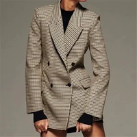 british style retro plaid blazer suit 2021 women simple mid length double breasted casual office blazers lady work commute suit