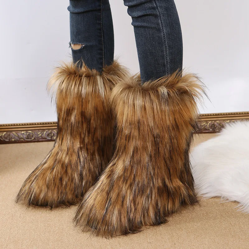 

Women's Winter Snow Boots Outdoor Furry Faux Fox Fur Boots Women's Plush Warm Platform Shoes New Fashion Large Size 44