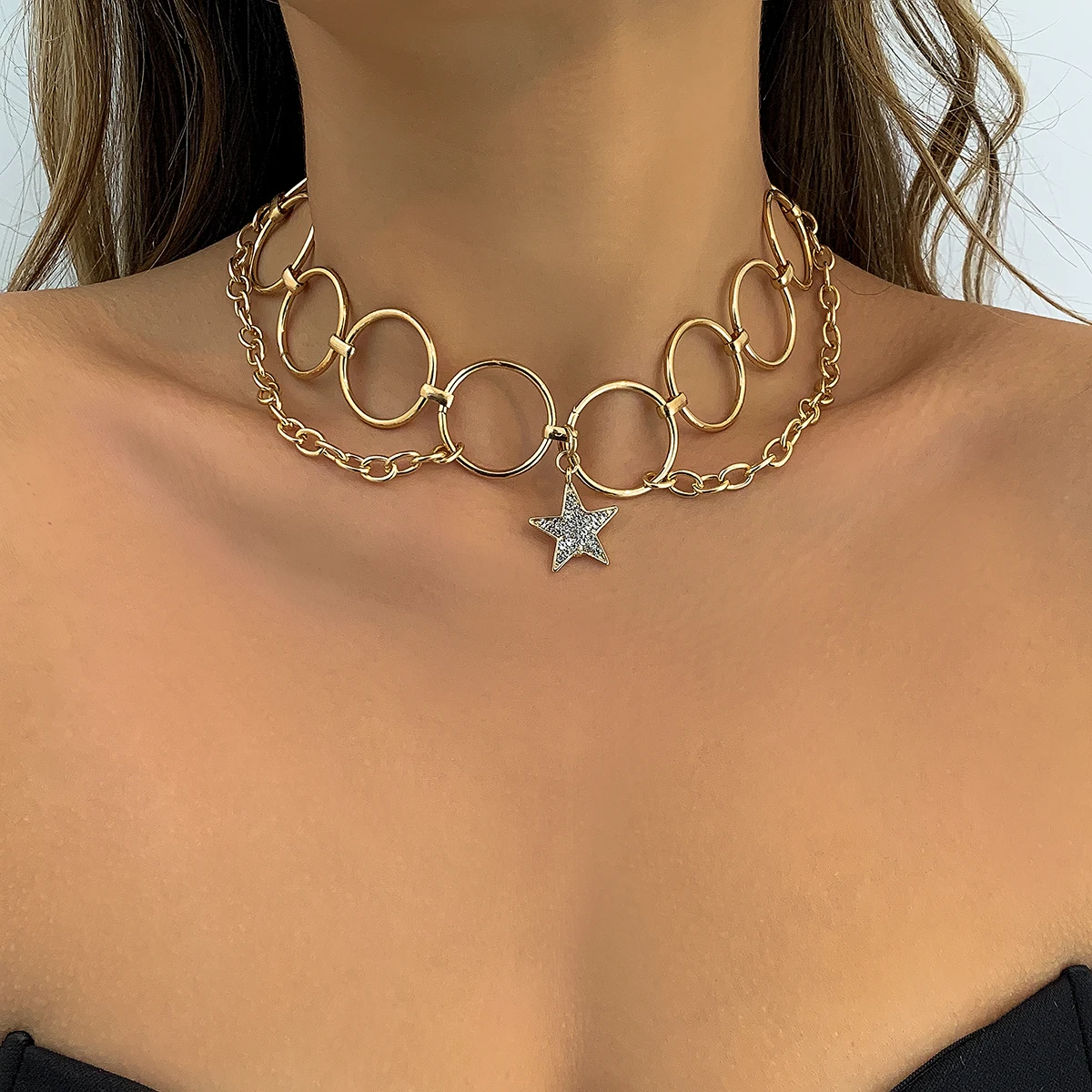 

Big Circle Link Chain with Rhinestones Stars Pendant Necklace for Women Punk Layered Short Choker Necklaces 2022 Fashion Jewelry