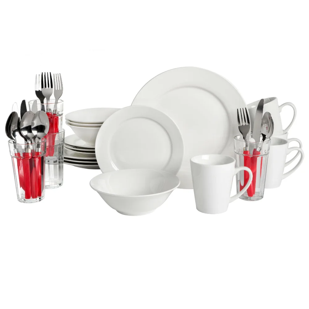 

White II 32-Piece Dinnerware Combo Set, White,Family meal set complete set of dining-room utensils